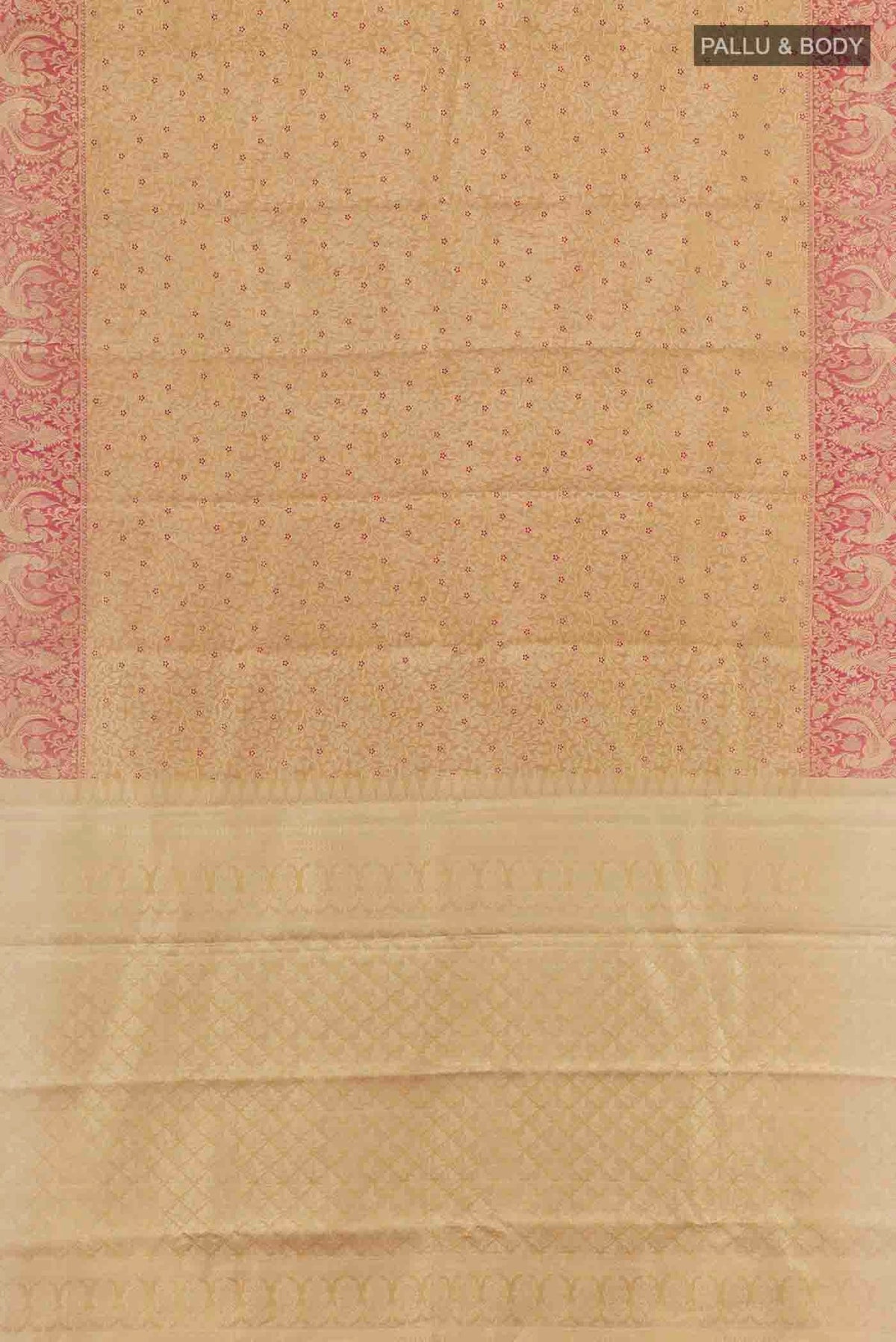 Flat view of Golden Kanchipuram Tissue Silk Saree with Zari Brocade on the body and Zari Border