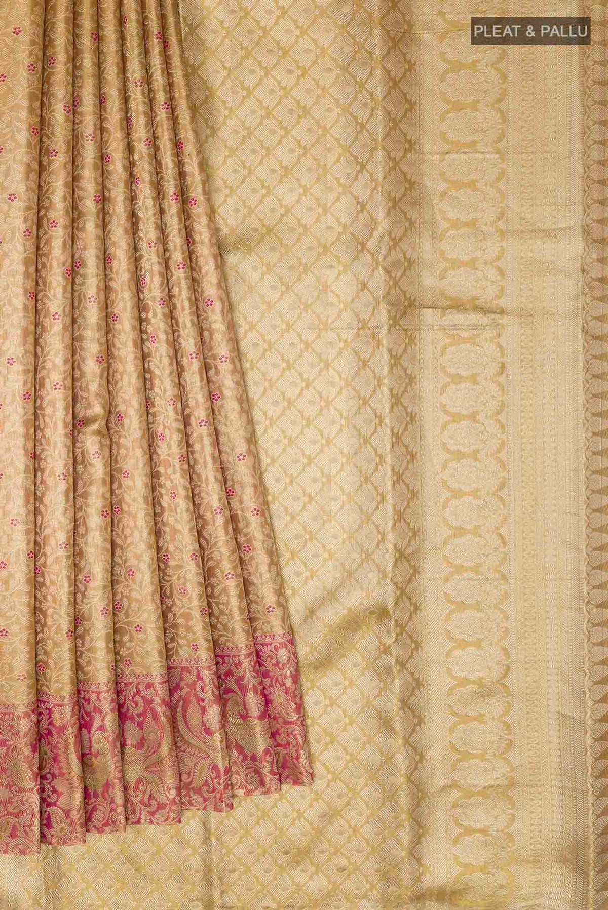 Pleats and pallu of Golden Kanchipuram Tissue Silk Saree with Zari Brocade on the body and Zari Border