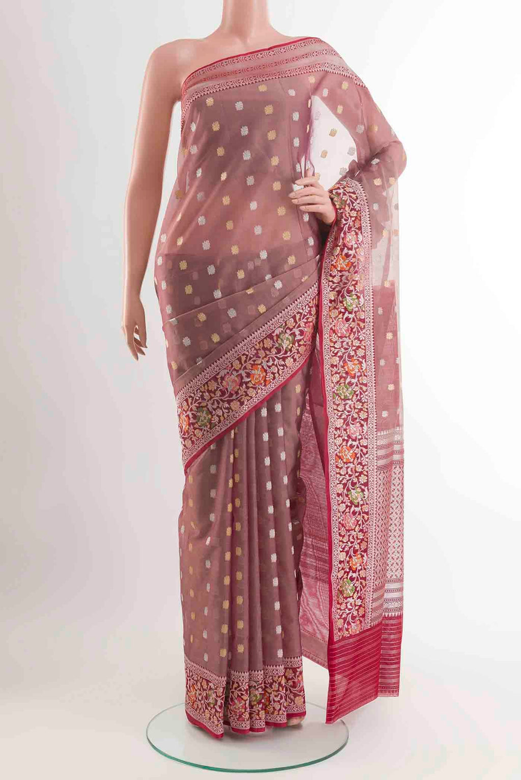 Mauve Banarasi Kora Silk Saree with Zari Butta on the body and Zari Border displayed on a mannequin