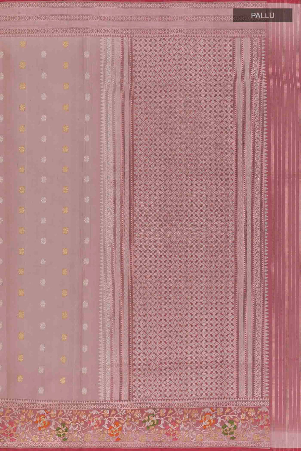 Close up image of the pallu of Mauve Banarasi Kora Silk Saree with Zari Butta on the body and Zari Border