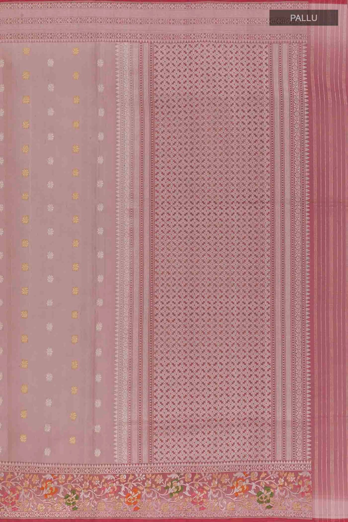 Close up image of the pallu of Mauve Banarasi Kora Silk Saree with Zari Butta on the body and Zari Border