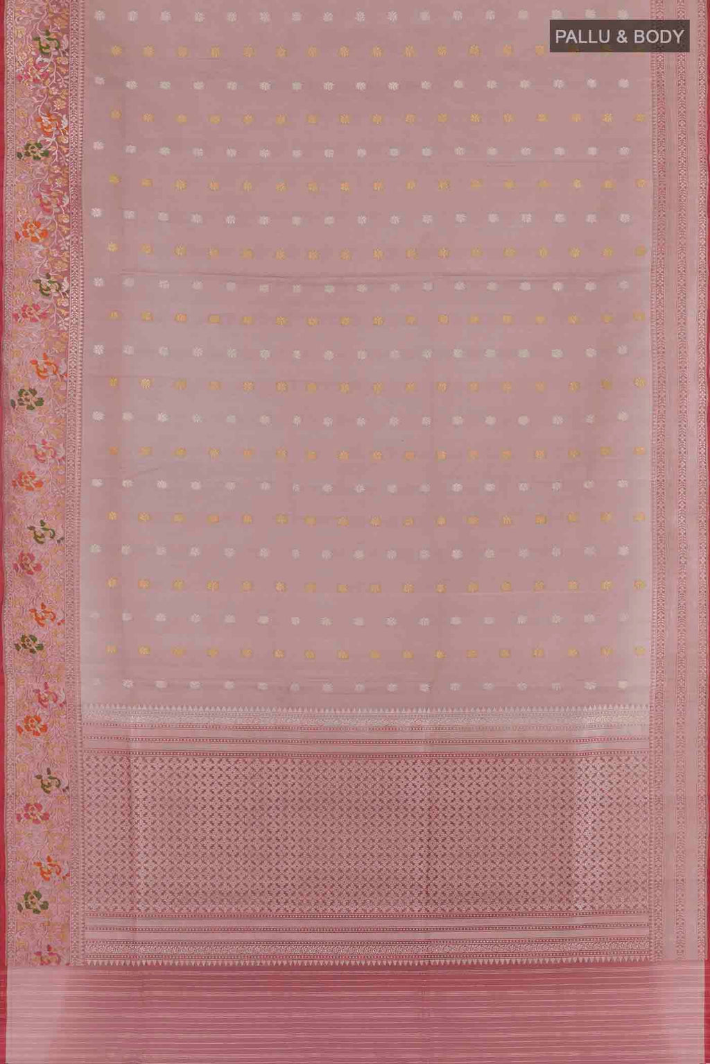 Flat view of Mauve Banarasi Kora Silk Saree with Zari Butta on the body and Zari Border