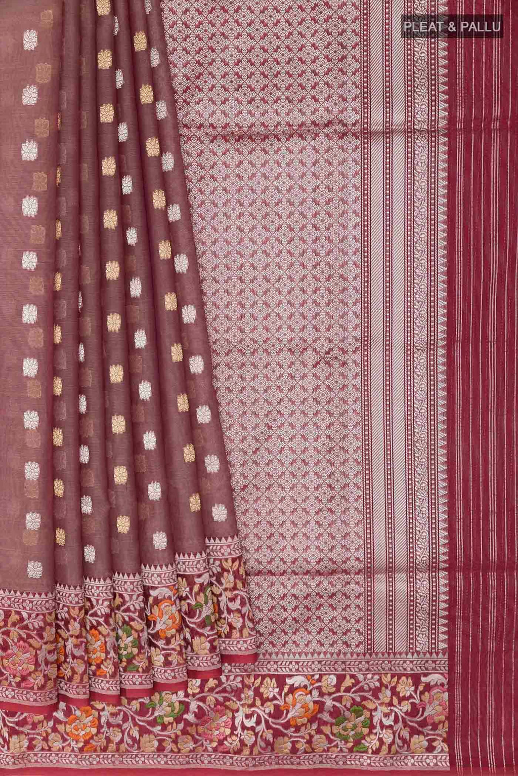 Pleats and pallu of Mauve Banarasi Kora Silk Saree with Zari Butta on the body and Zari Border