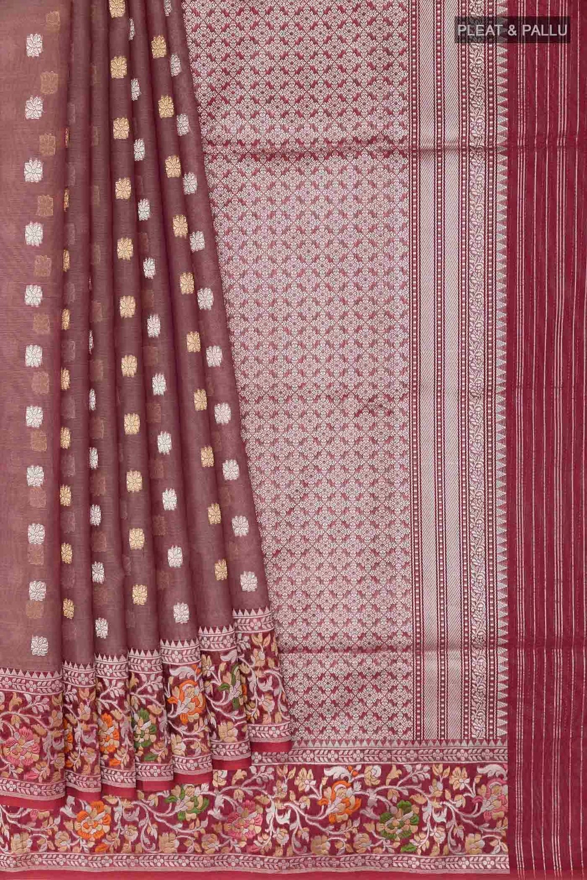 Pleats and pallu of Mauve Banarasi Kora Silk Saree with Zari Butta on the body and Zari Border