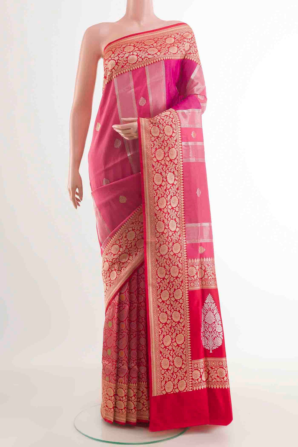 Pink Banarasi Silk Saree with Zari Butta on the body and Zari Border displayed on a mannequin