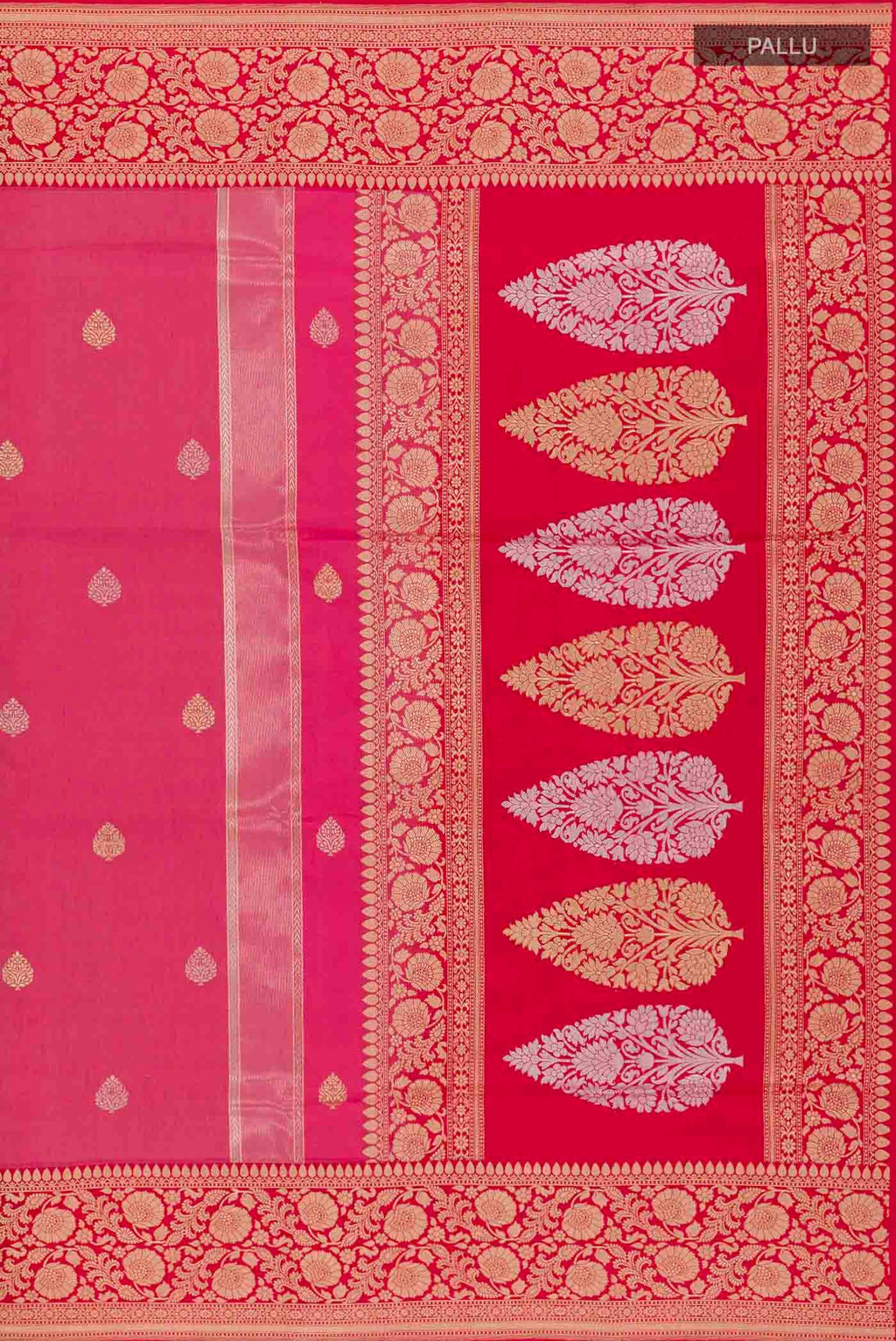 Close up image of the pallu of Pink Banarasi Silk Saree with Zari Butta on the body and Zari Border