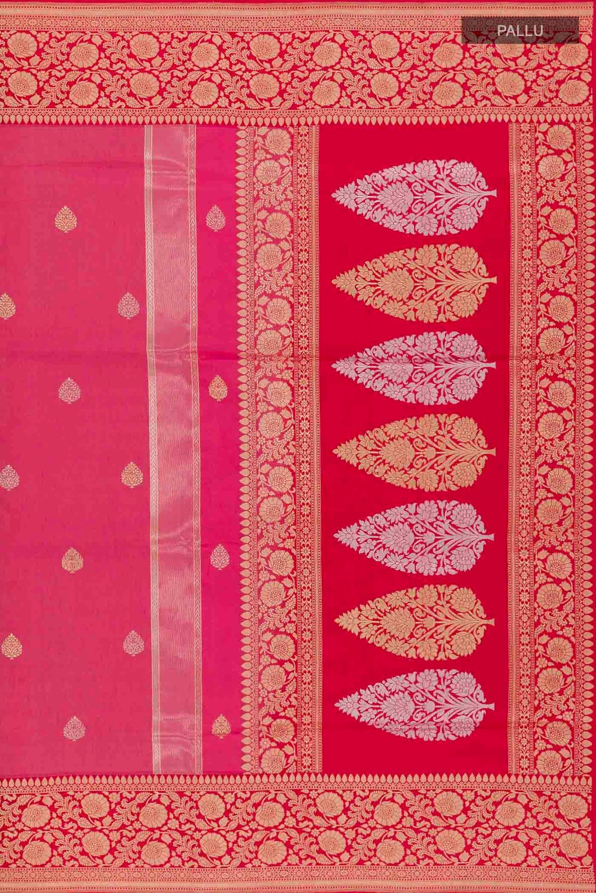Close up image of the pallu of Pink Banarasi Silk Saree with Zari Butta on the body and Zari Border
