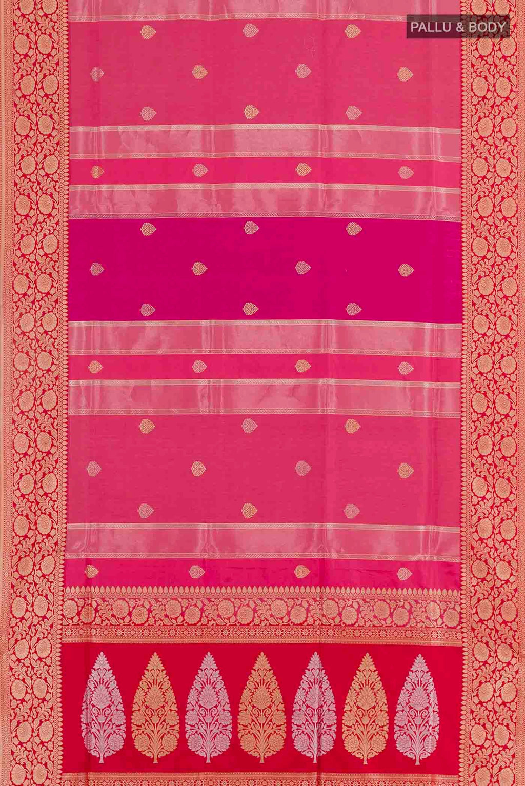 Flat view of Pink Banarasi Silk Saree with Zari Butta on the body and Zari Border