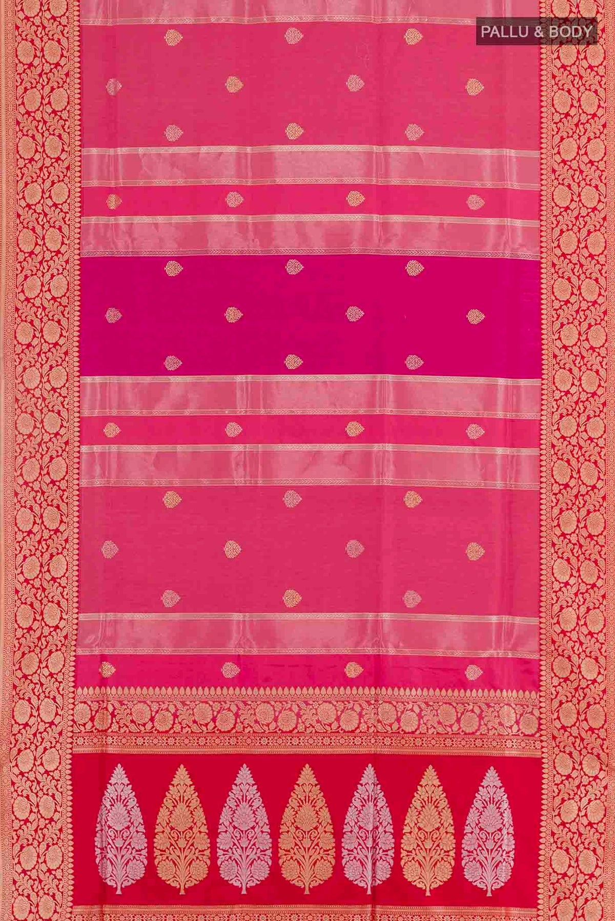 Flat view of Pink Banarasi Silk Saree with Zari Butta on the body and Zari Border