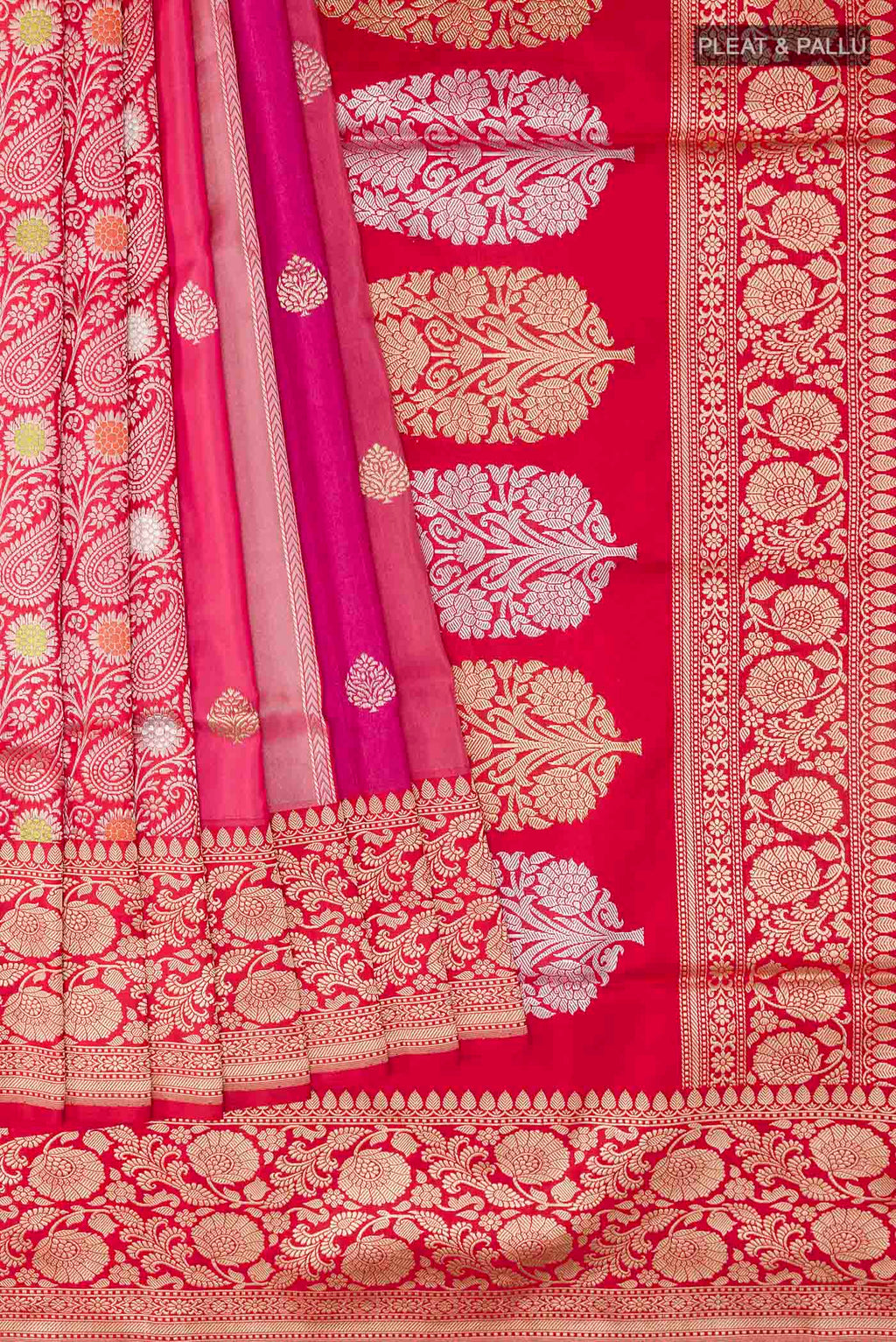 Pleats and pallu of Pink Banarasi Silk Saree with Zari Butta on the body and Zari Border