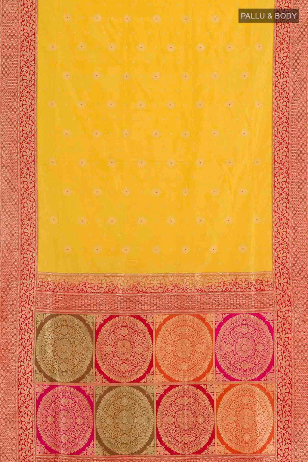 Flat view of Yellow Banarasi Silk Saree with Zari Butta on the body and Zari Border