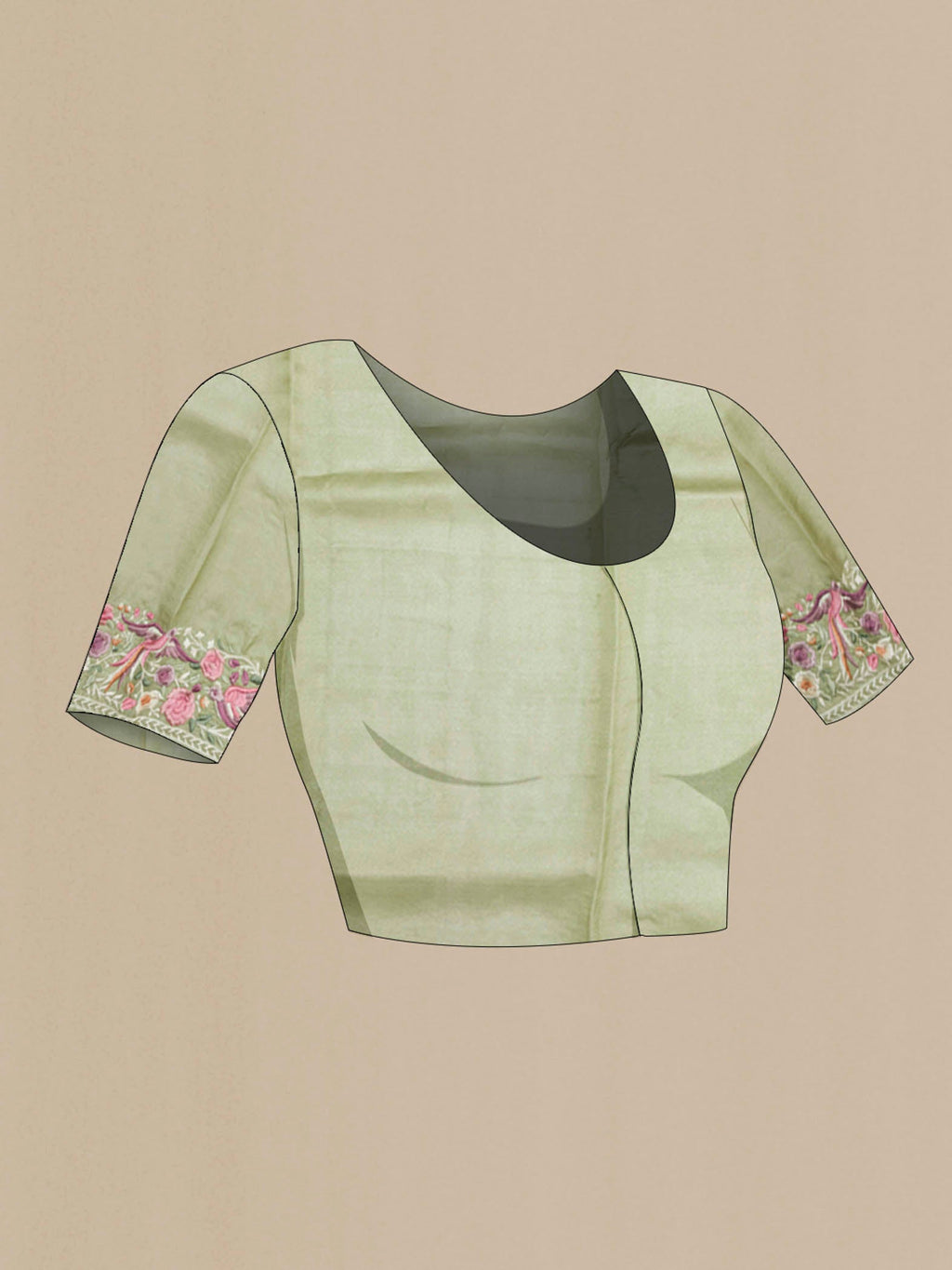 Close up image of the blouse of Sage Green Tussar Saree with Thread Butta on the body and Embroidery Border
