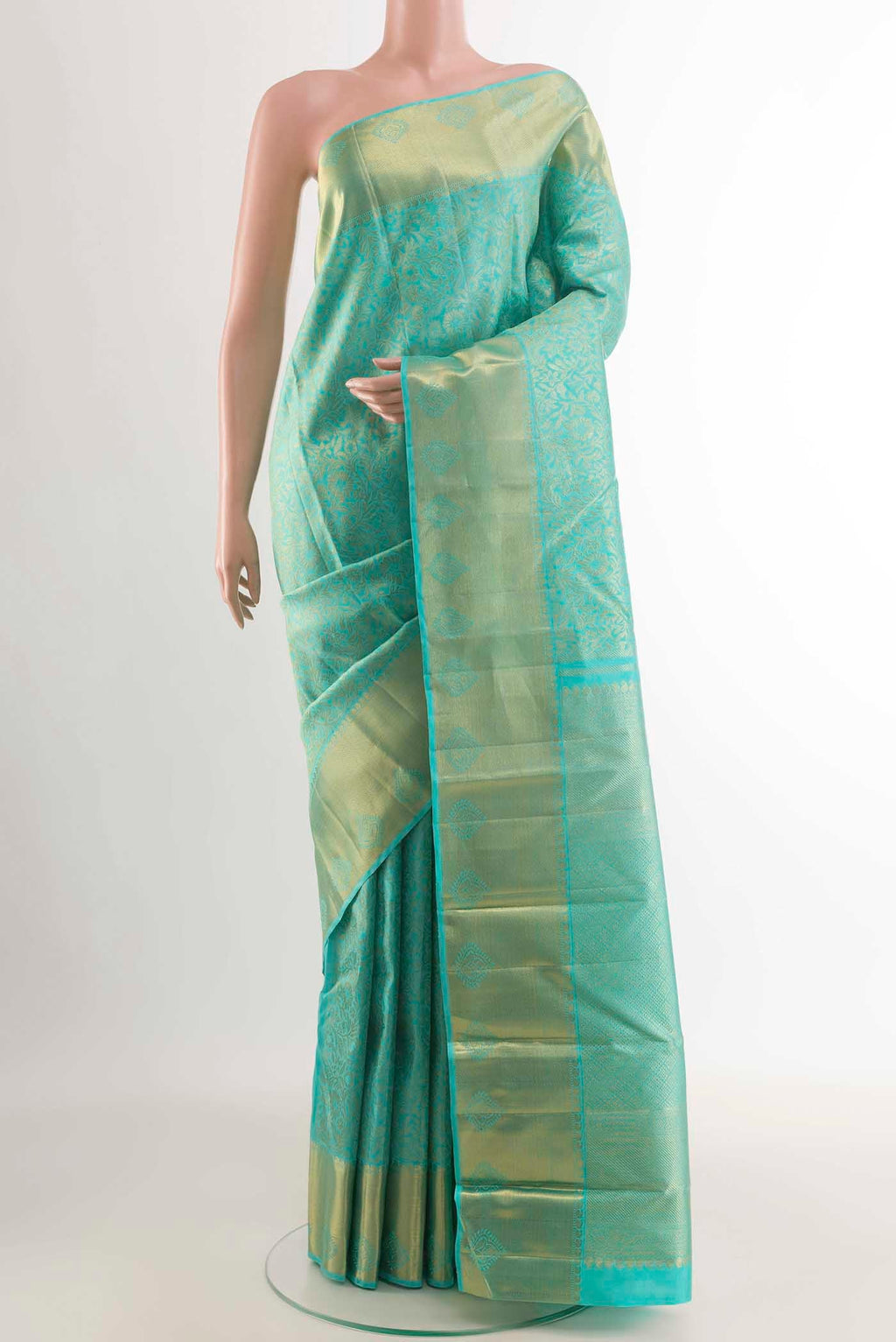 Pure Silk Pure Zari Sky Blue Kanchipuram Saree with Zari Brocade on the body and Zari Border displayed on a mannequin