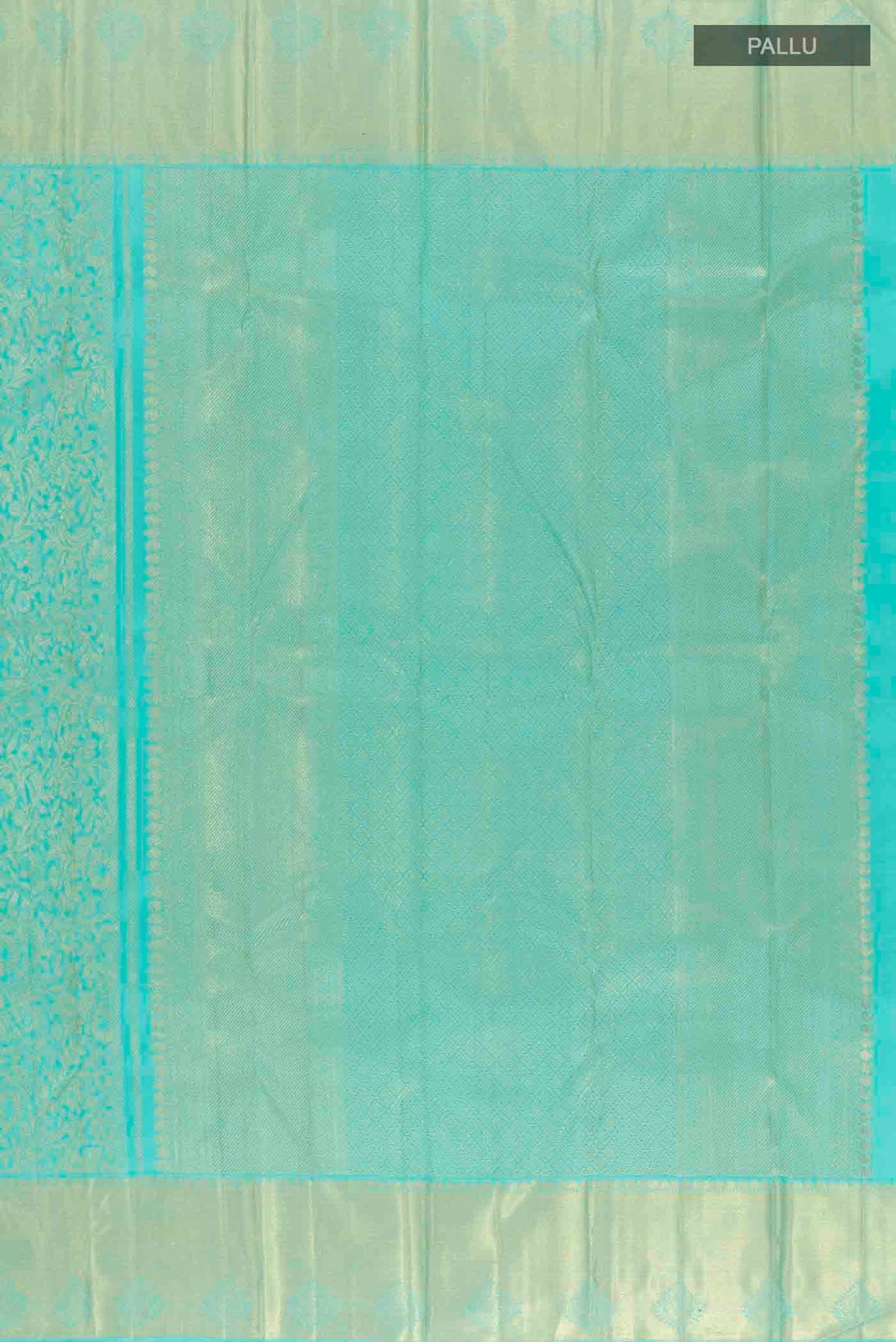 Close up image of the pallu of Pure Silk Pure Zari Sky Blue Kanchipuram Saree with Zari Brocade on the body and Zari Border