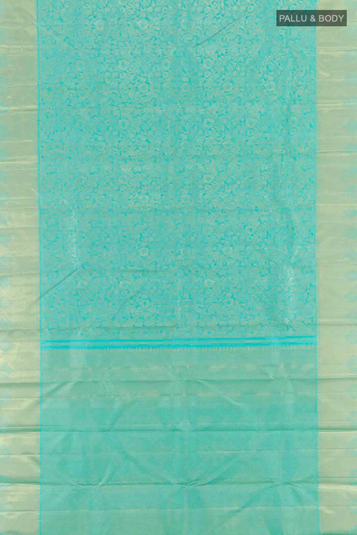 Flat view of Pure Silk Pure Zari Sky Blue Kanchipuram Saree with Zari Brocade on the body and Zari Border