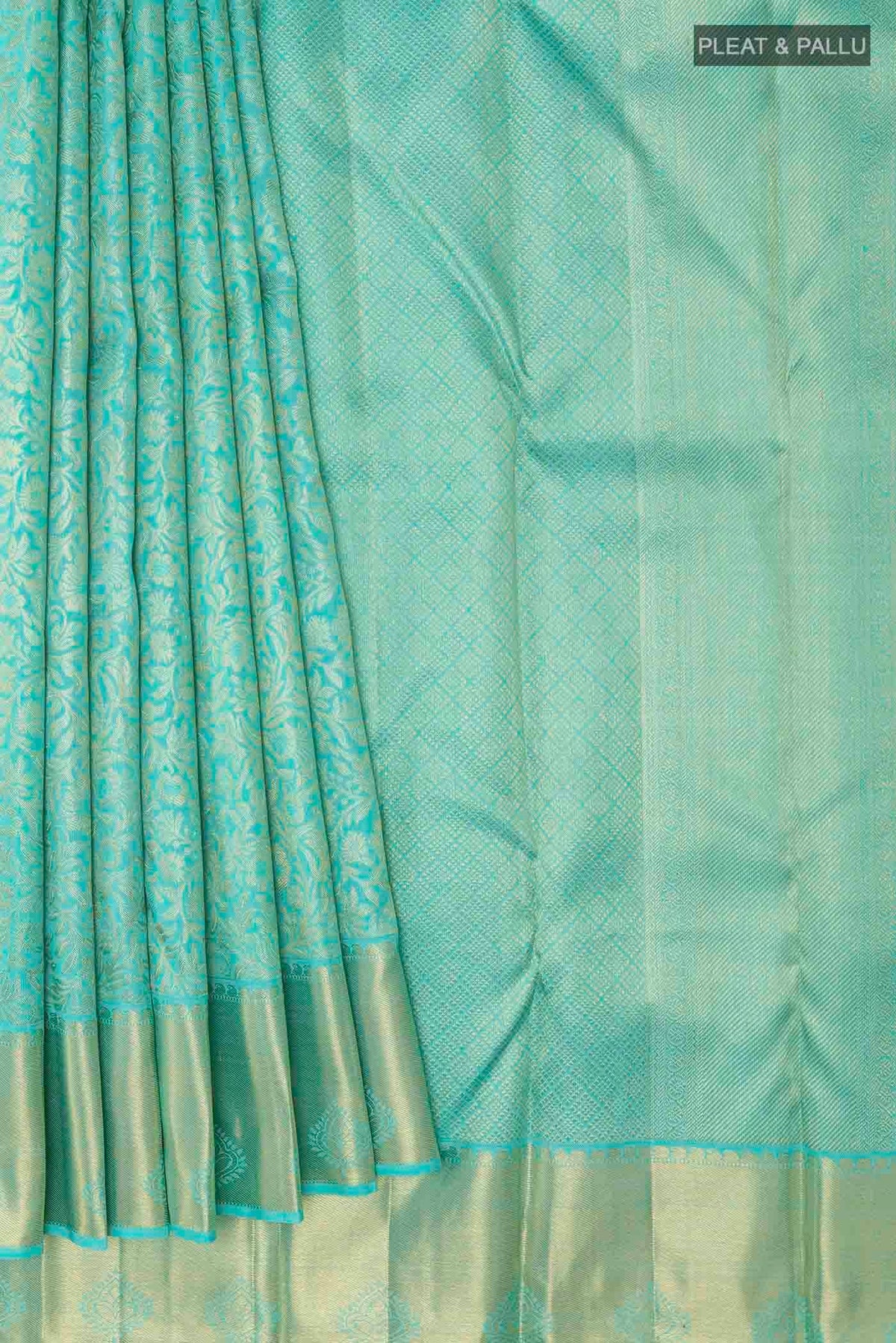 Pleats and pallu of Pure Silk Pure Zari Sky Blue Kanchipuram Saree with Zari Brocade on the body and Zari Border