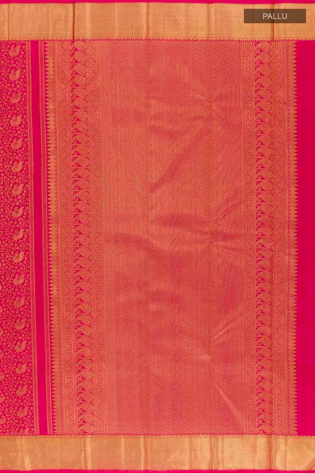 Close up image of the pallu of Pure Silk Pure Zari Pink Kanchipuram Saree with Zari Brocade on the body and Zari Border