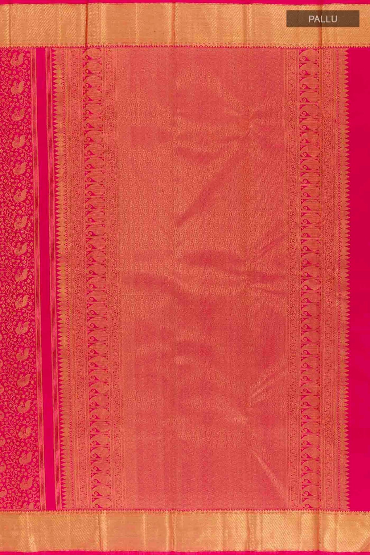 Close up image of the pallu of Pure Silk Pure Zari Pink Kanchipuram Saree with Zari Brocade on the body and Zari Border