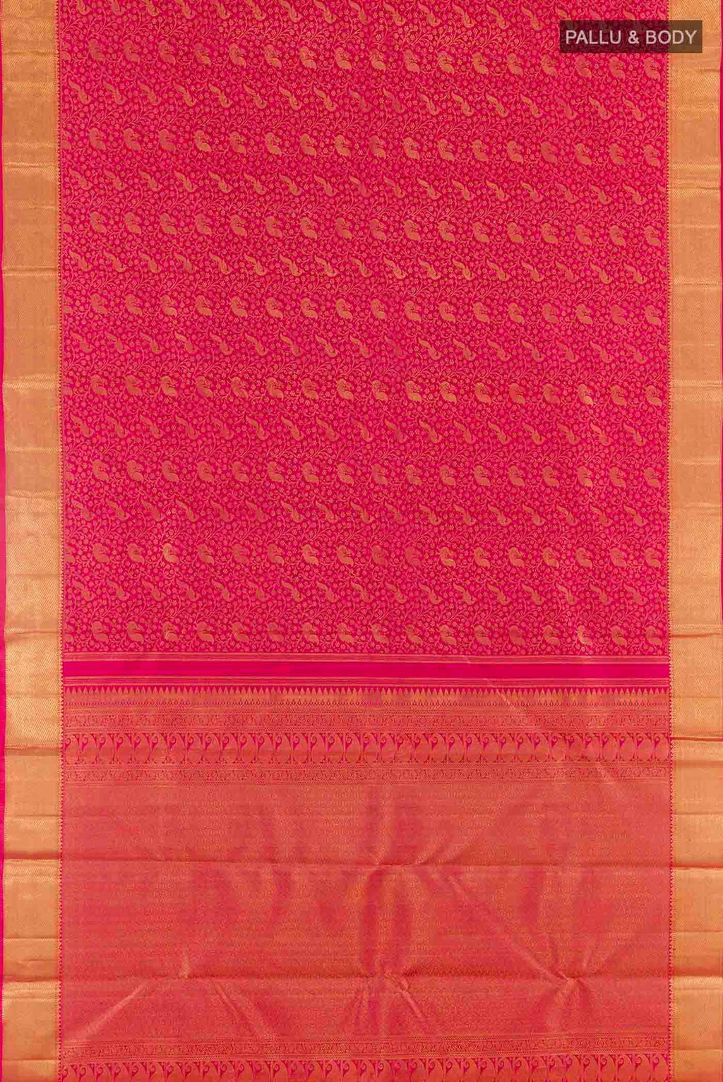 Flat view of Pure Silk Pure Zari Pink Kanchipuram Saree with Zari Brocade on the body and Zari Border