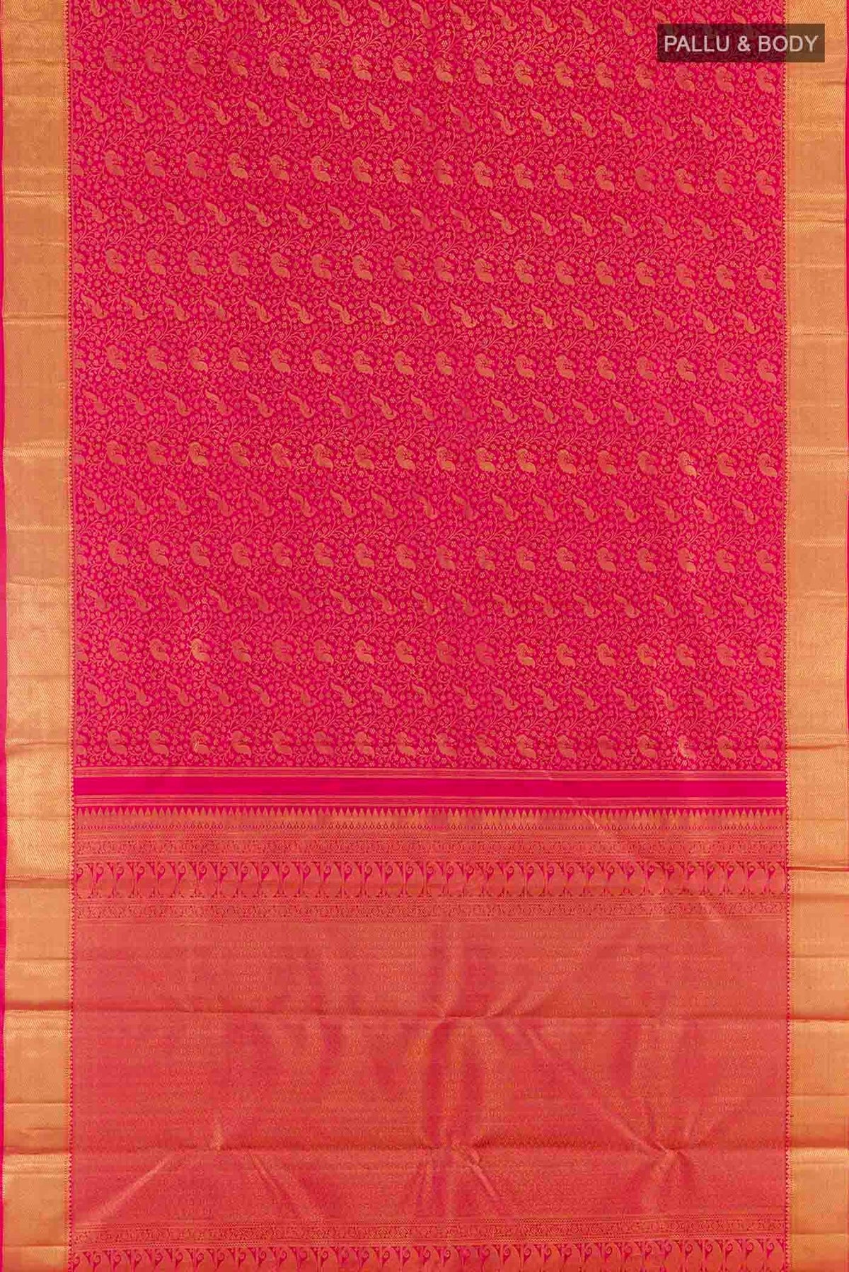 Flat view of Pure Silk Pure Zari Pink Kanchipuram Saree with Zari Brocade on the body and Zari Border