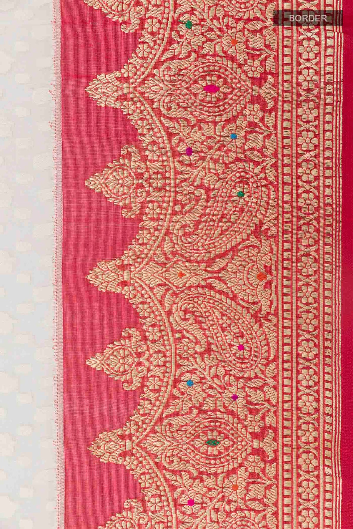 Border image of White Banarasi Kora Cotton Saree with Jacquard design on the body and Zari Border