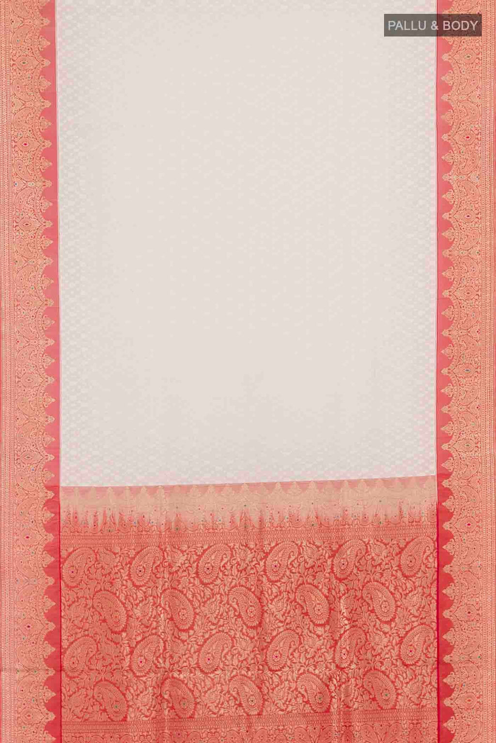 Flat view of White Banarasi Kora Cotton Saree with Jacquard design on the body and Zari Border