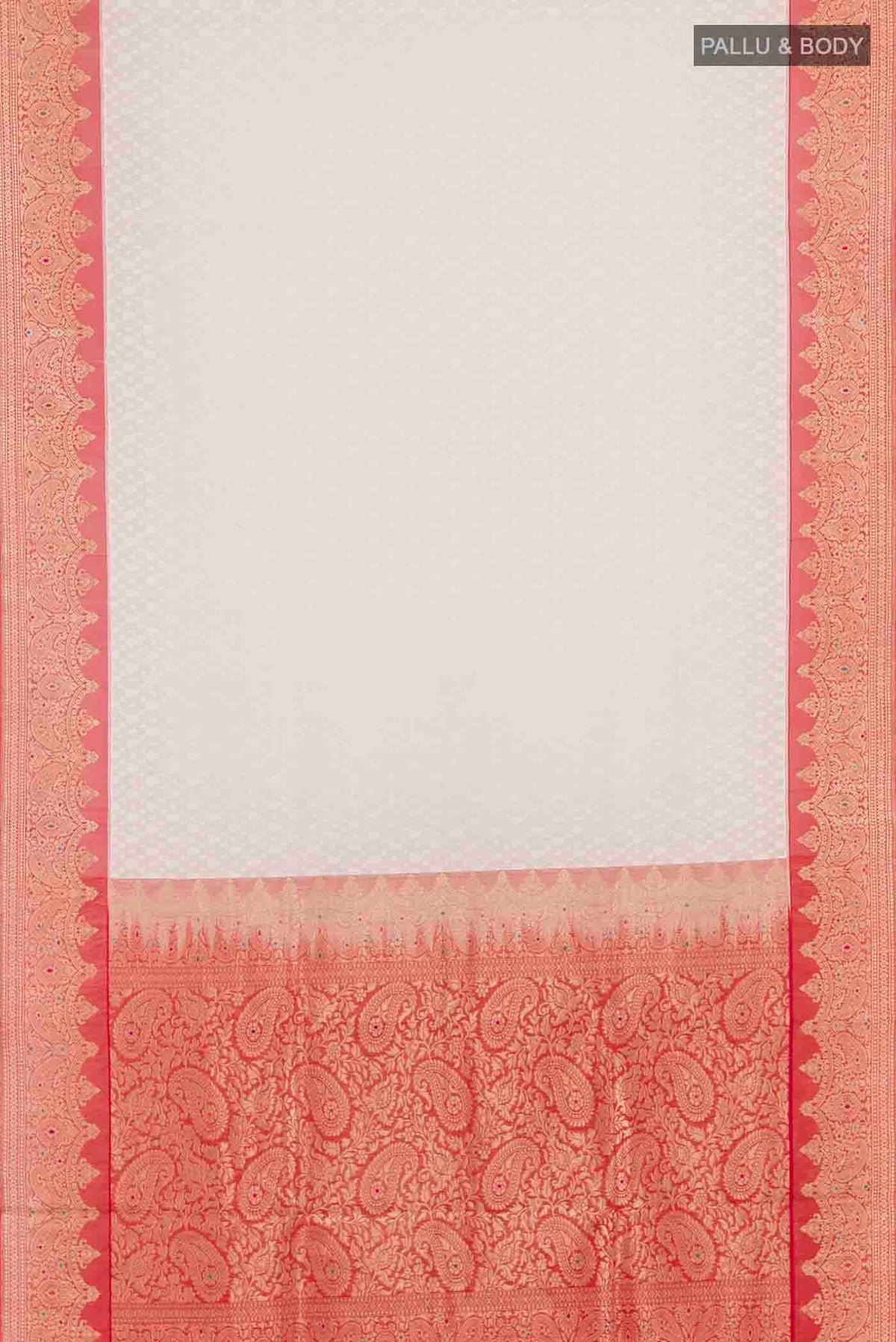 Flat view of White Banarasi Kora Cotton Saree with Jacquard design on the body and Zari Border