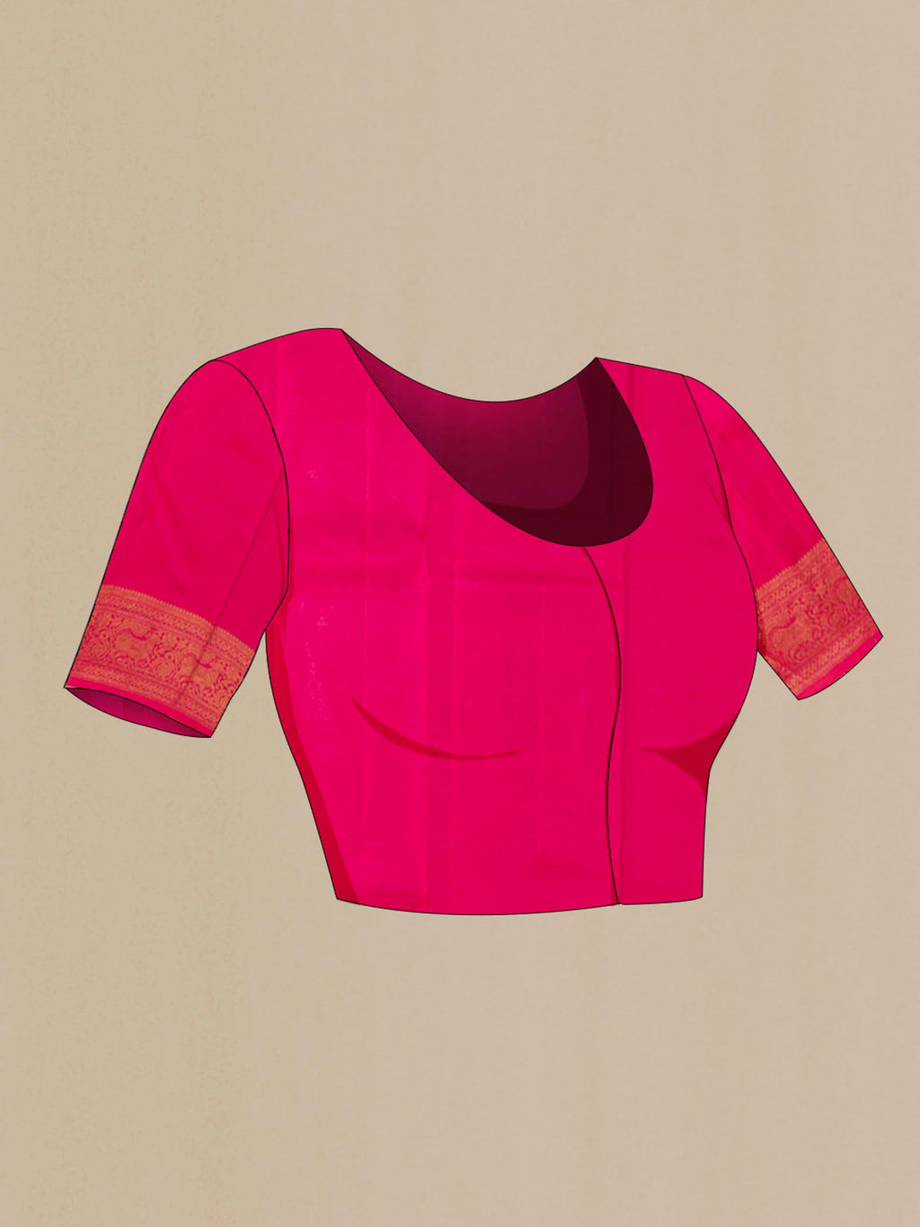 Close up image of the blouse of Pure Silk Pure Zari Pink Dual Tone Kanchipuram Saree with Zari Butta on the body and Zari Border