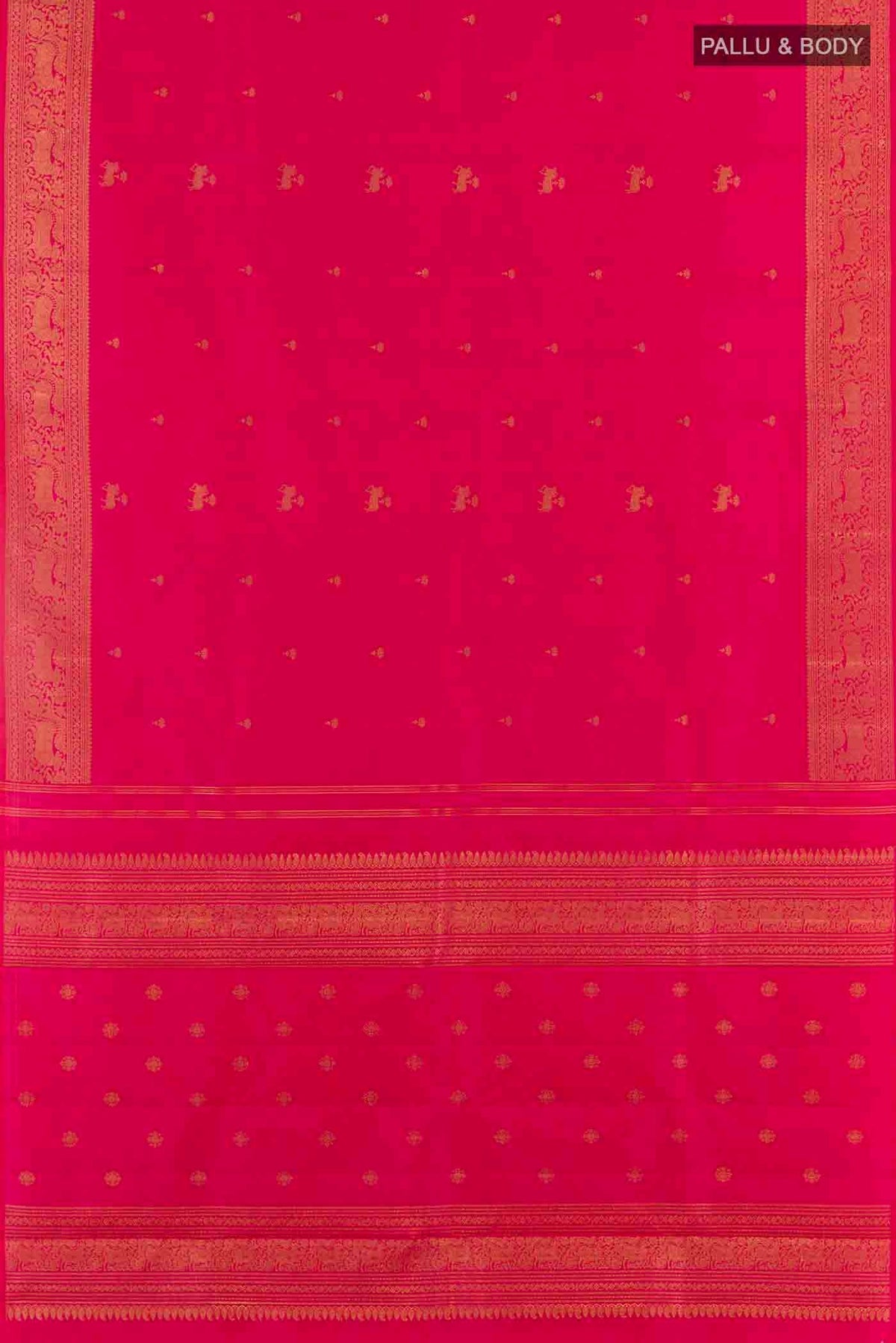 Flat view of Pure Silk Pure Zari Pink Dual Tone Kanchipuram Saree with Zari Butta on the body and Zari Border