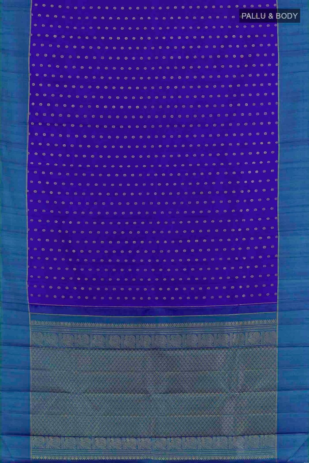 Flat view of Blue Kanchipuram Silk Saree with Zari Butta on the body and Zari Border