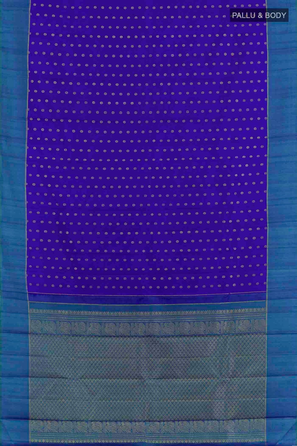Flat view of Blue Kanchipuram Silk Saree with Zari Butta on the body and Zari Border
