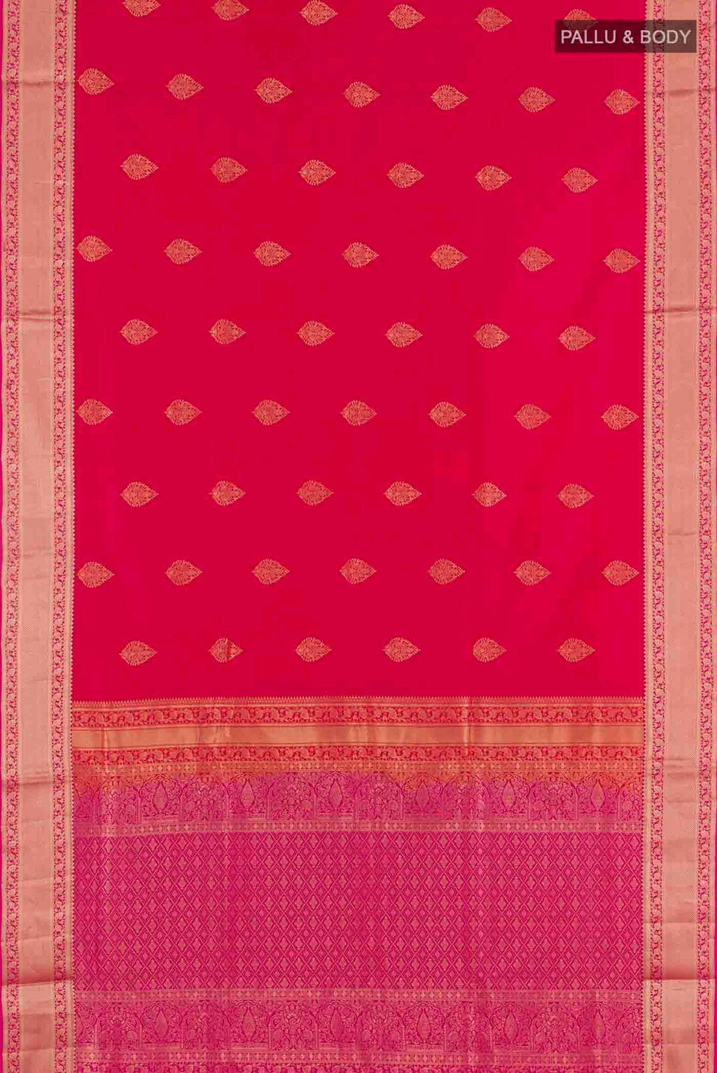 Flat view of Red Soft Silk Saree with Zari Butta on the body and Zari Border