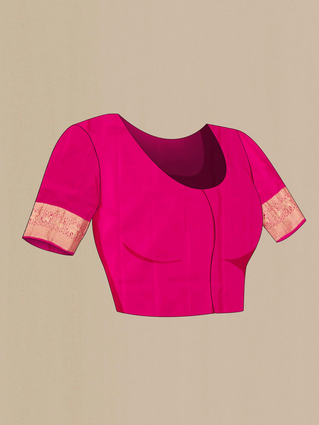 Close up image of the blouse of Peach Soft Silk Saree with Zari Butta on the body and Zari Border