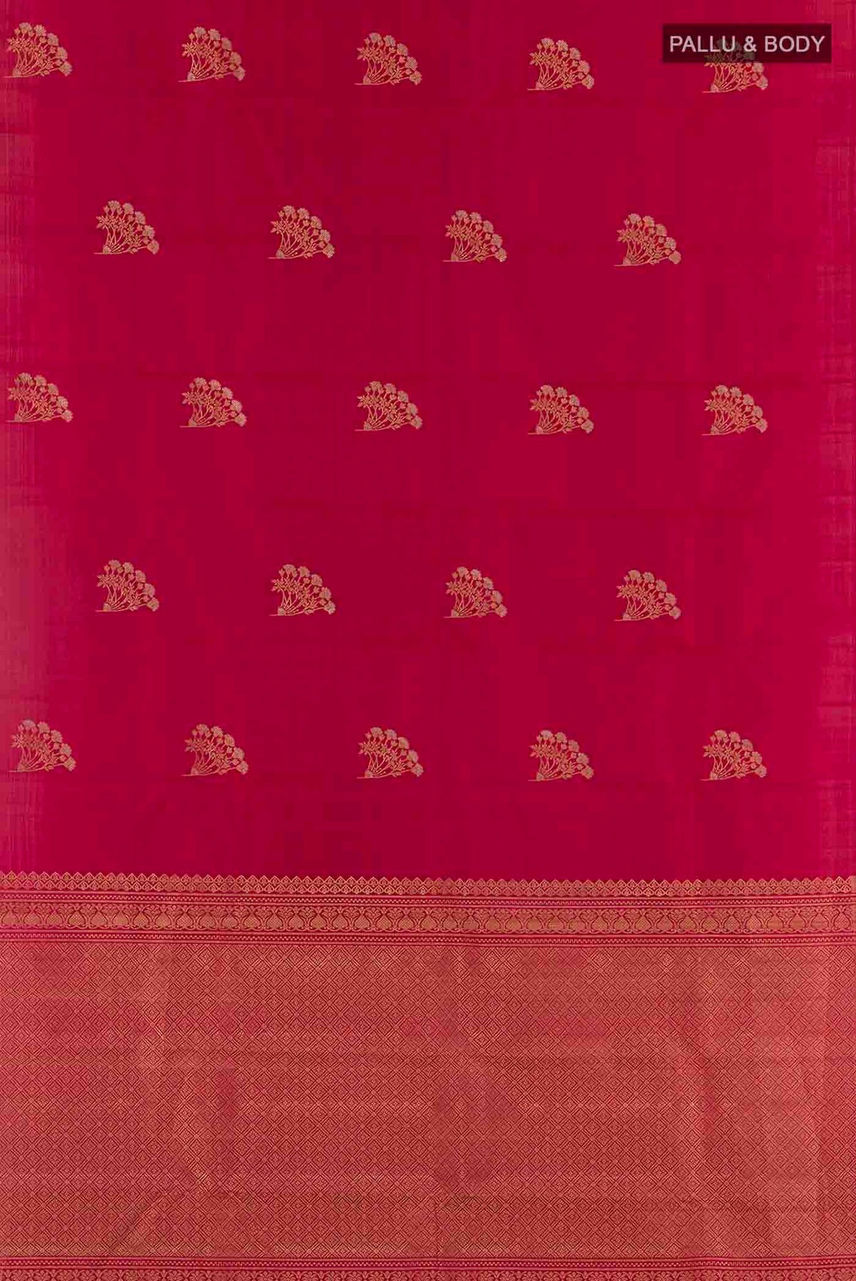 Flat view of Maroon Kanchipuram Silk Saree with Zari Butta on the body and Zari Border