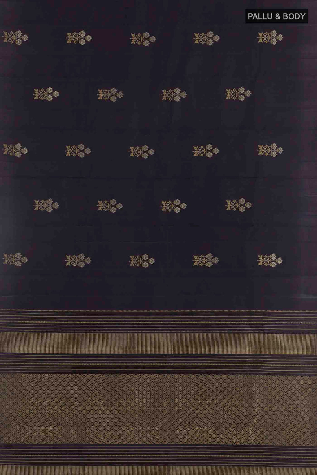 Flat view of Dark Blue Kanchipuram Silk Saree with Zari Butta on the body and Zari Border
