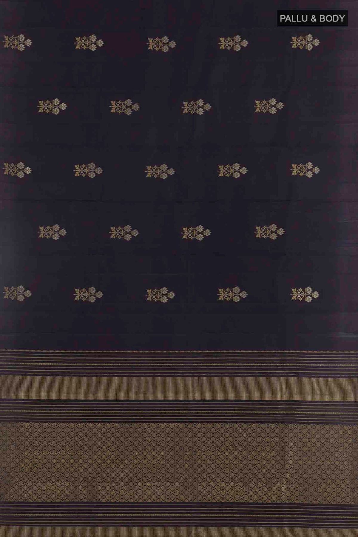 Flat view of Dark Blue Kanchipuram Silk Saree with Zari Butta on the body and Zari Border