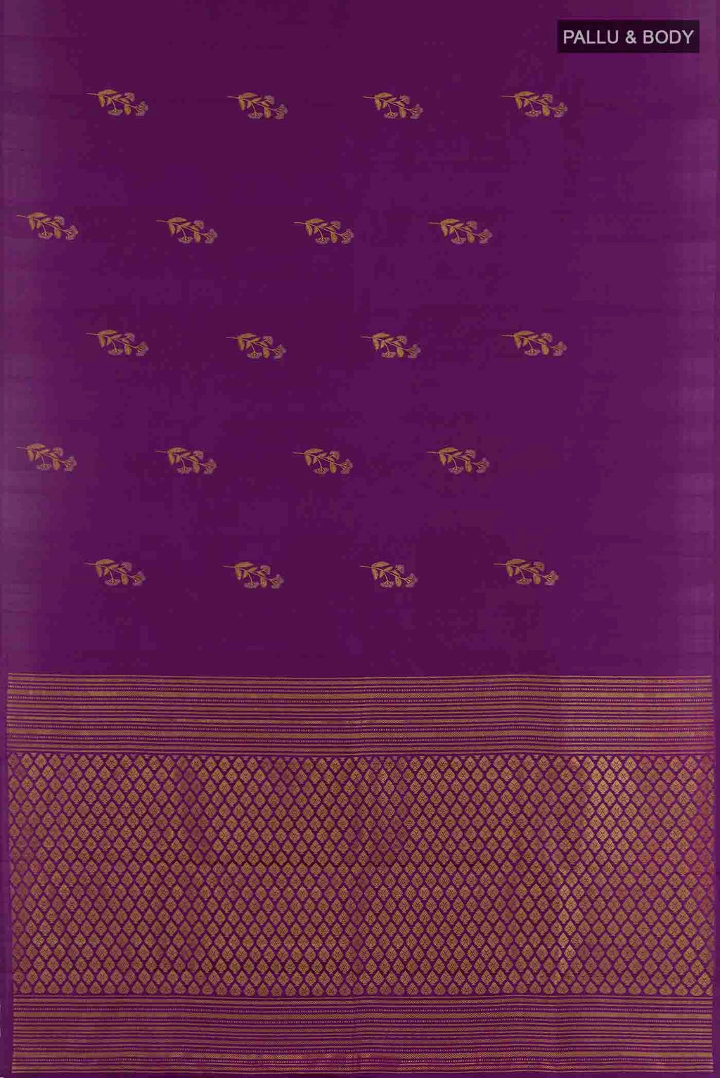 Flat view of Dark Blue Kanchipuram Silk Saree with Zari Butta on the body and Zari Border