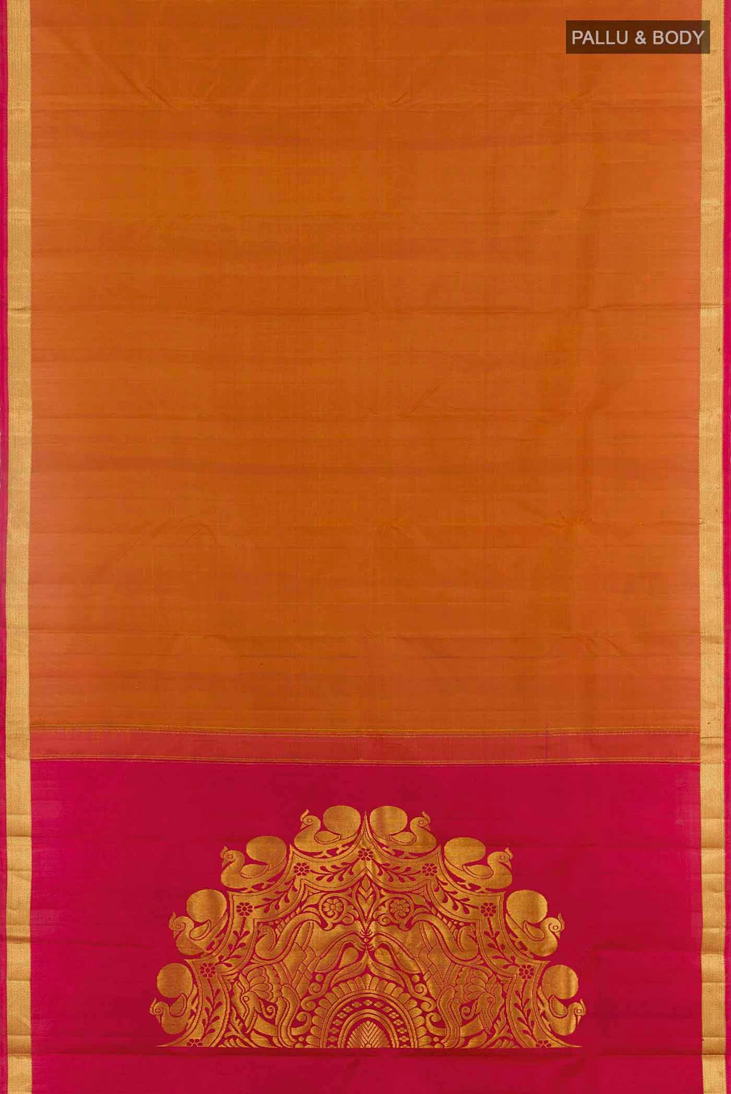 Flat view of Brick Orange Kanchipuram Silk Saree with Plain Body and Zari Border