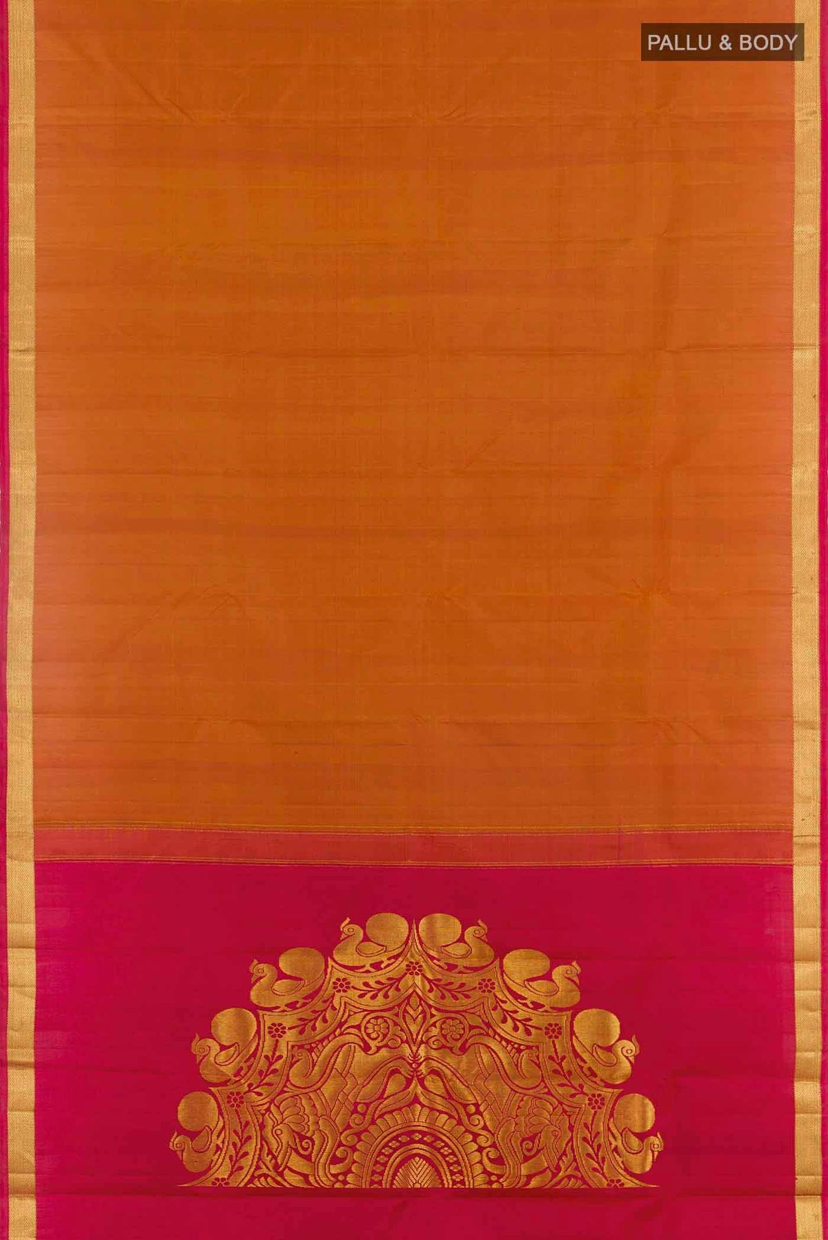 Flat view of Brick Orange Kanchipuram Silk Saree with Plain Body and Zari Border