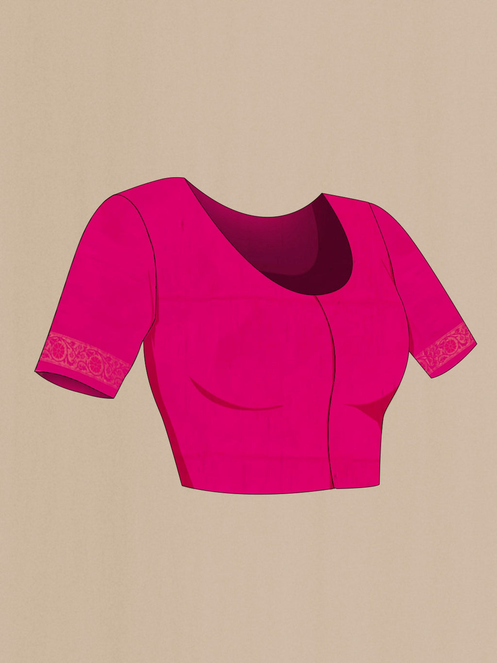 Close up image of the blouse of Pink Soft Silk Saree with Zari Butta on the body and Zari Border. 