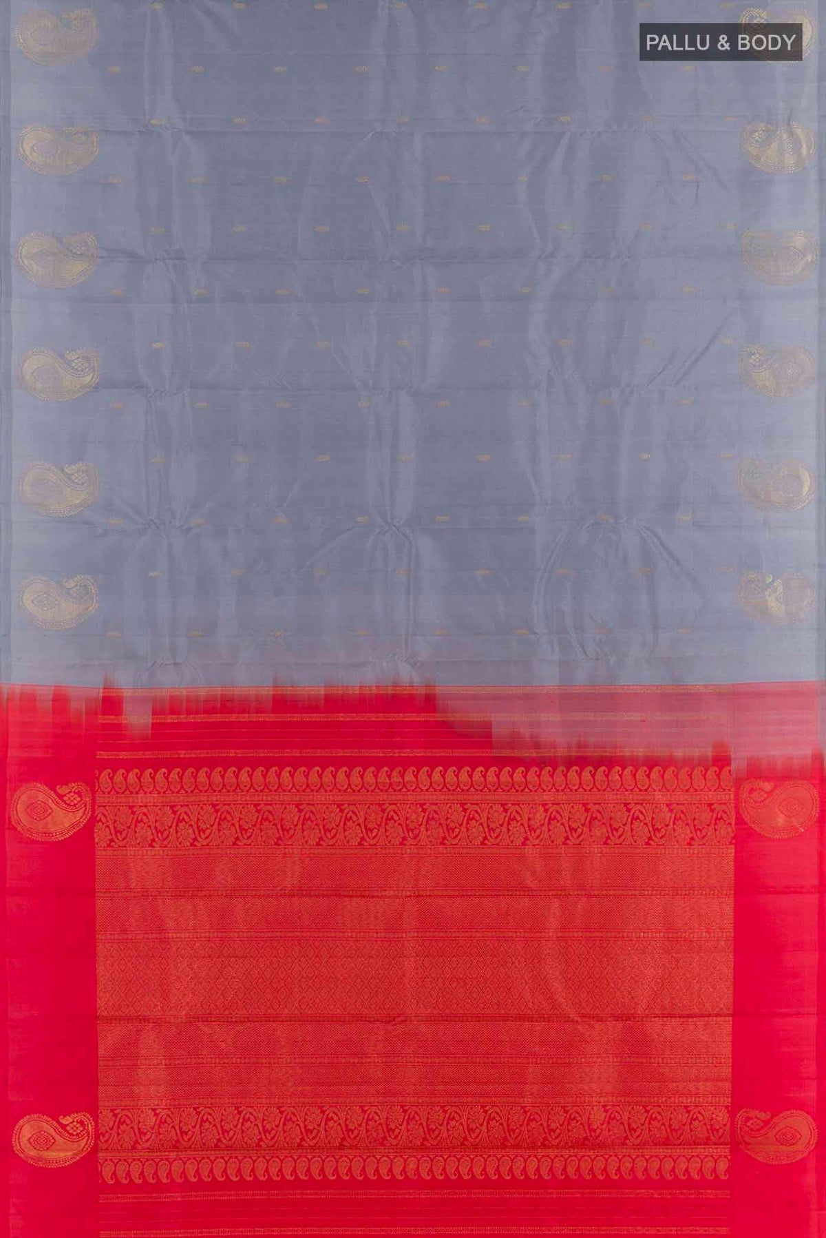Flat view of Grey Kanchipuram Silk Saree with Zari Butta on the body and Zari Border