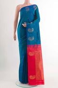 Blue Kanchipuram Silk Saree with Zari Butta on the body and Zari Border displayed on a mannequin