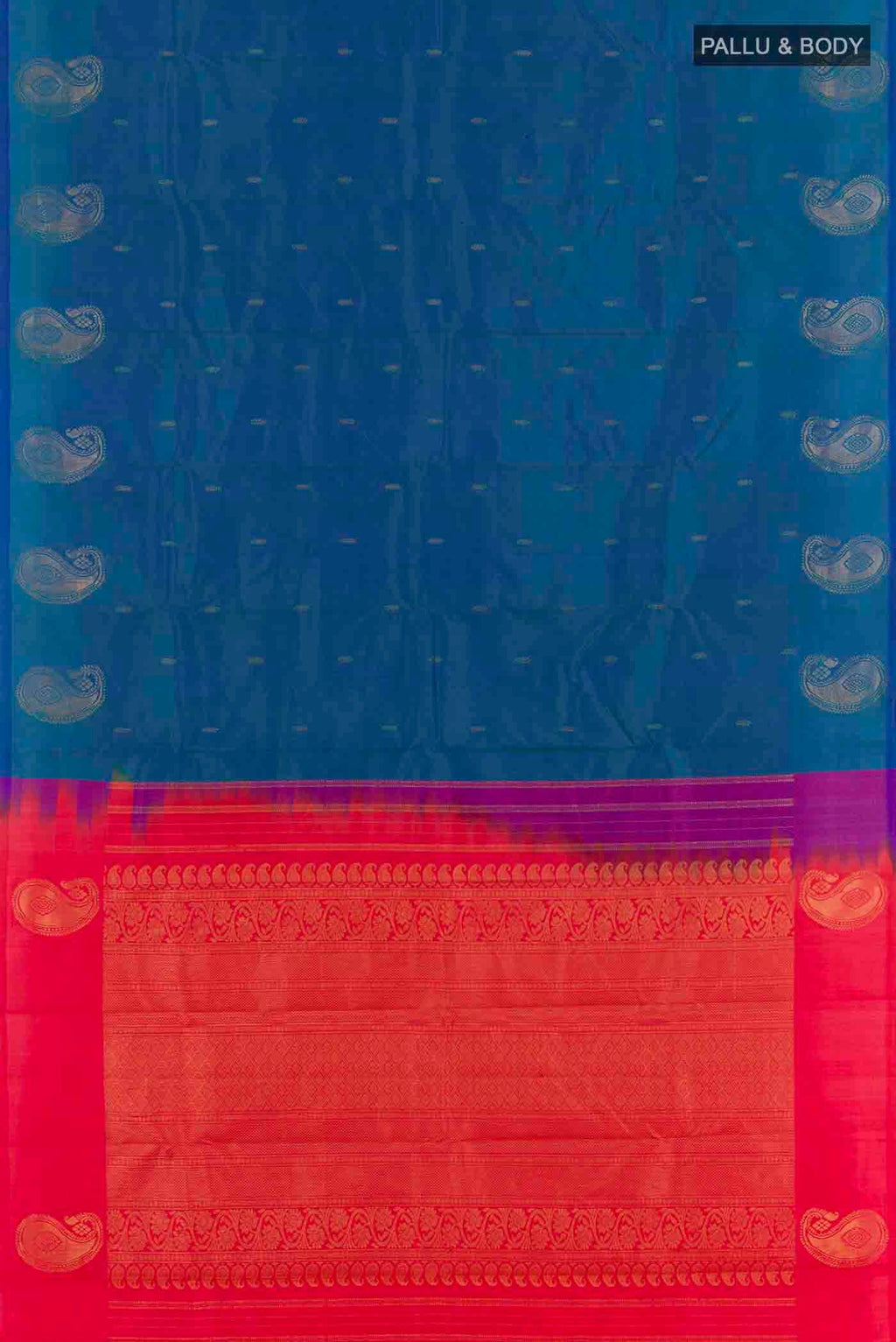 Flat view of Blue Kanchipuram Silk Saree with Zari Butta on the body and Zari Border