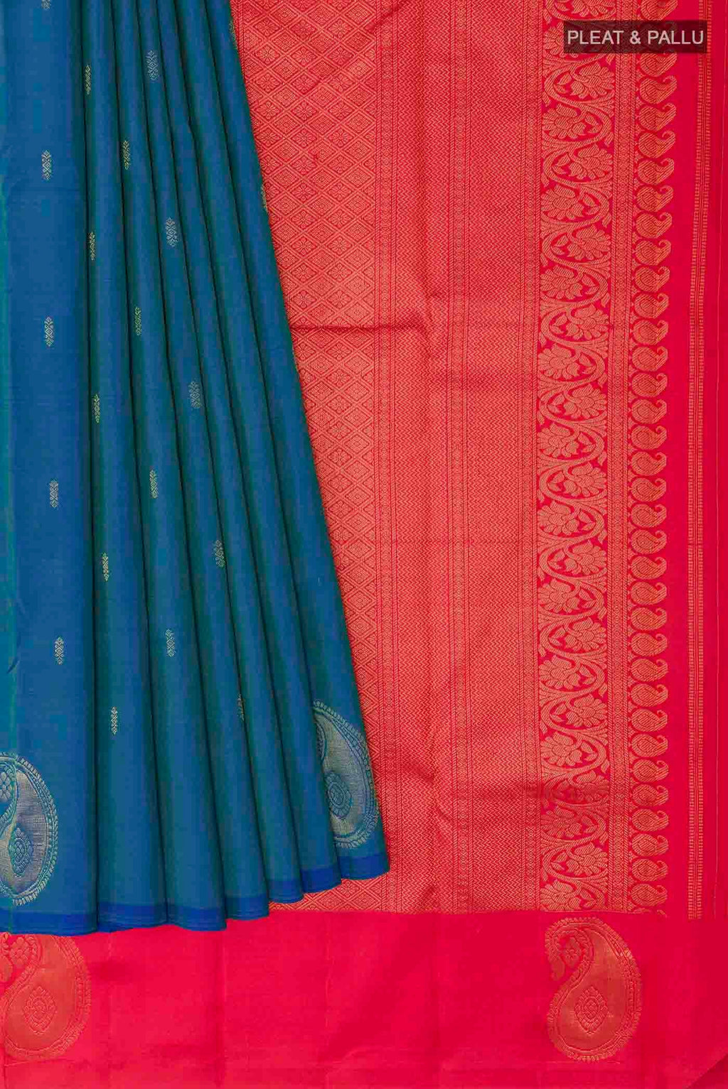 Pleats and pallu of Blue Kanchipuram Silk Saree with Zari Butta on the body and Zari Border