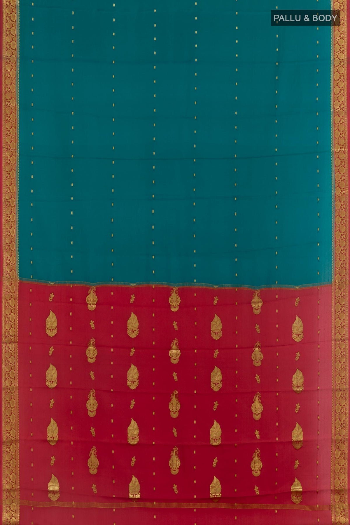 Flat view of Teal Mysore Crepe Saree with Zari Butta on the body and Zari Border. 