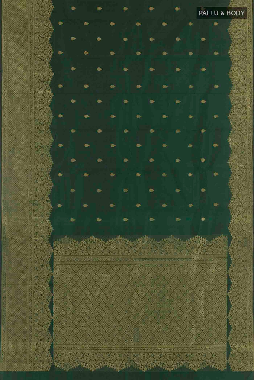 Flat view of Bottle Green Kanchipuram Silk Saree with Zari Brocade on the body and Zari Border