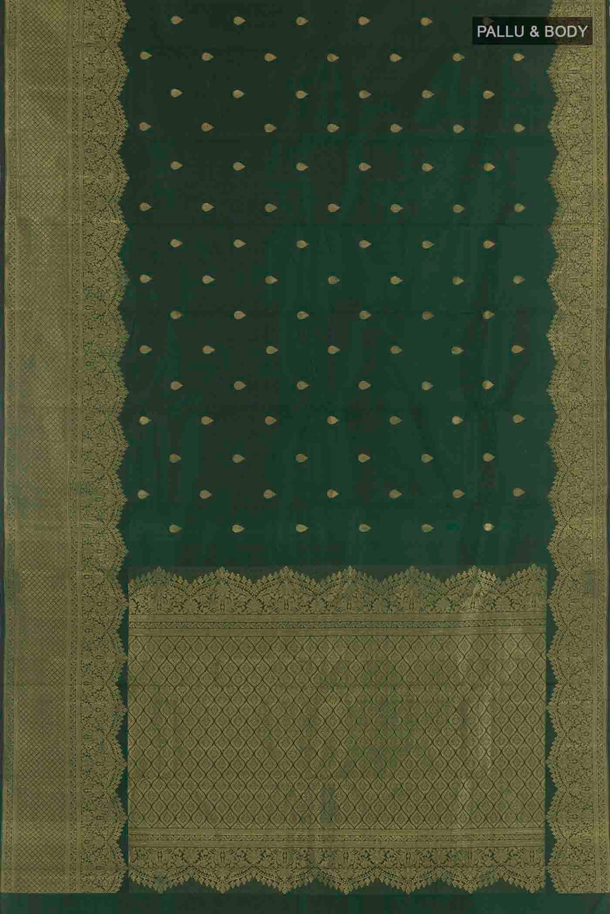 Flat view of Bottle Green Kanchipuram Silk Saree with Zari Brocade on the body and Zari Border