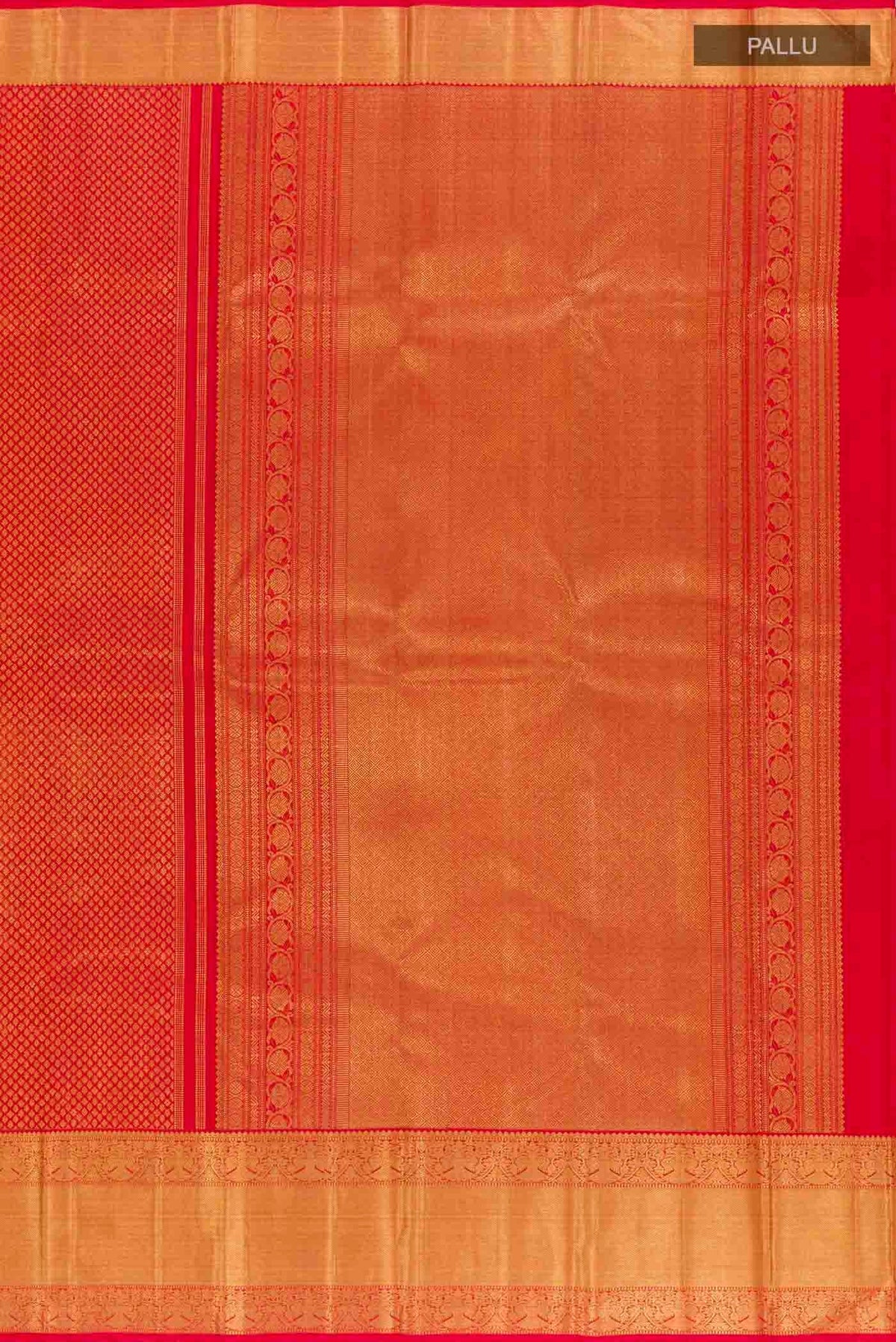Close up image of the pallu of Pure Silk Pure Zari Red Kanchipuram Saree with Zari Butta on the body and Zari Border