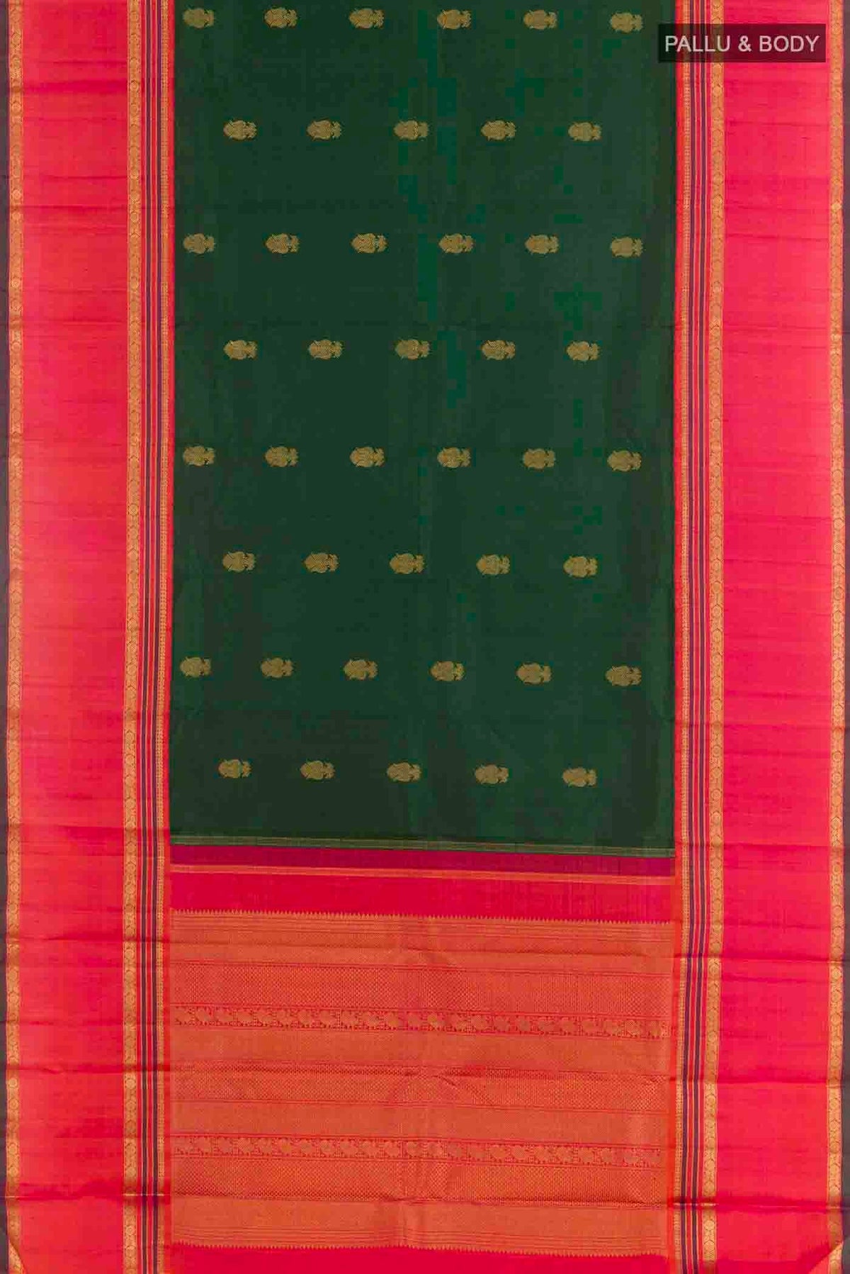 Flat view of Green Kanchipuram Silk Saree with Zari Butta on the body and Zari Border