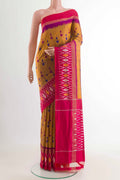 Mustard Pochampally Silk Saree with Pure Ikat on the body and Zari Border displayed on a mannequin